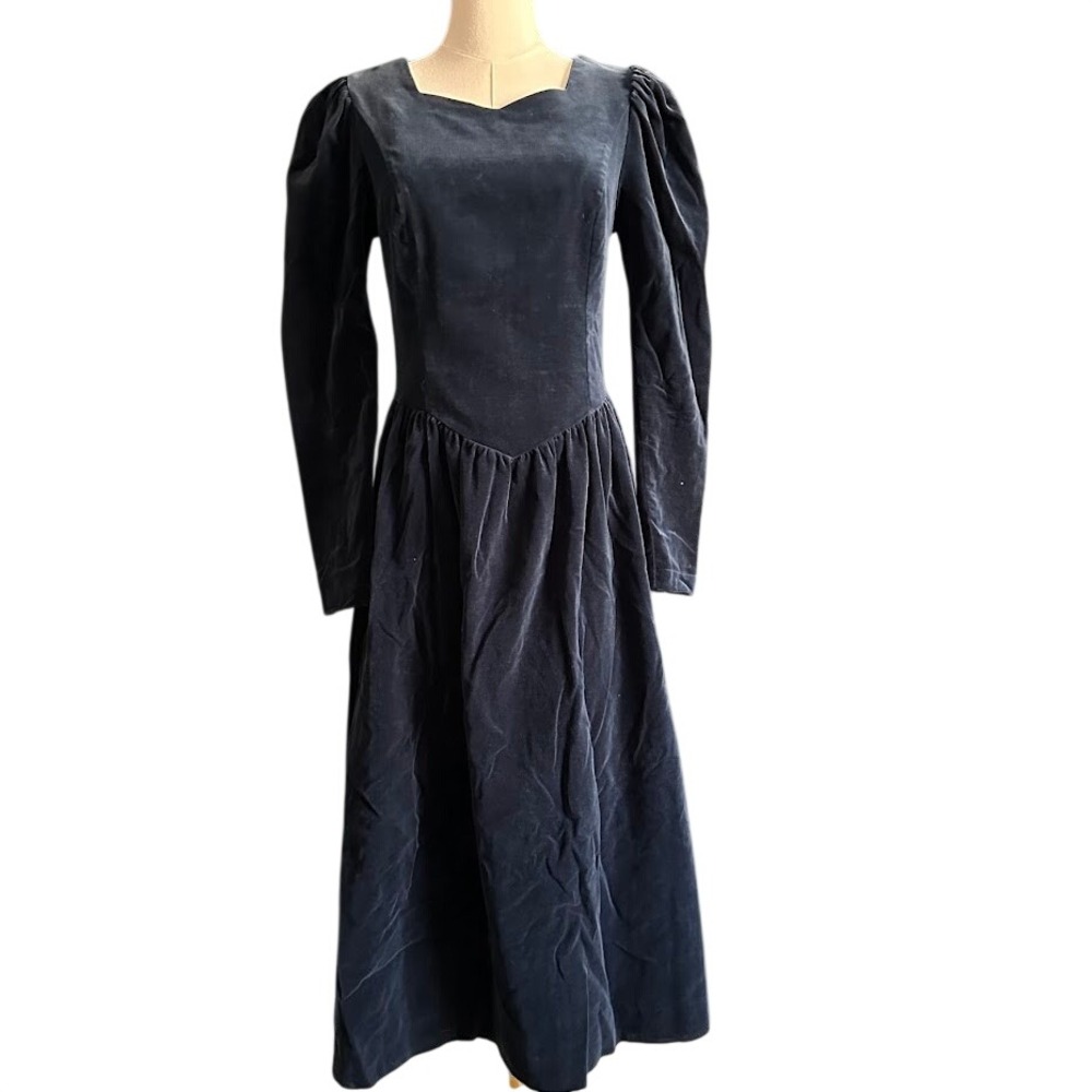 Vintage‎ Laura Ashley Navy Velvet Puff Sleeve Midi Dress Great Britain Size 12